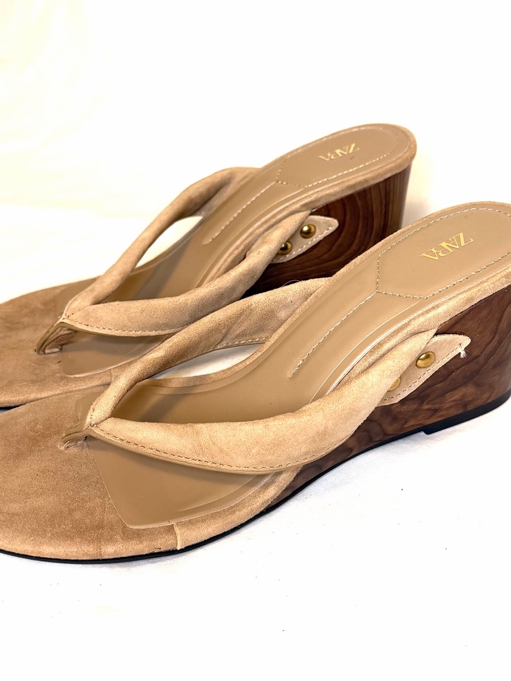 ZARA Tan Suede Wedge Thong Sandals